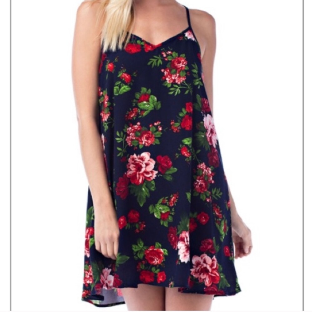 Navy Blue and Floral Print A-Line Slip Dress